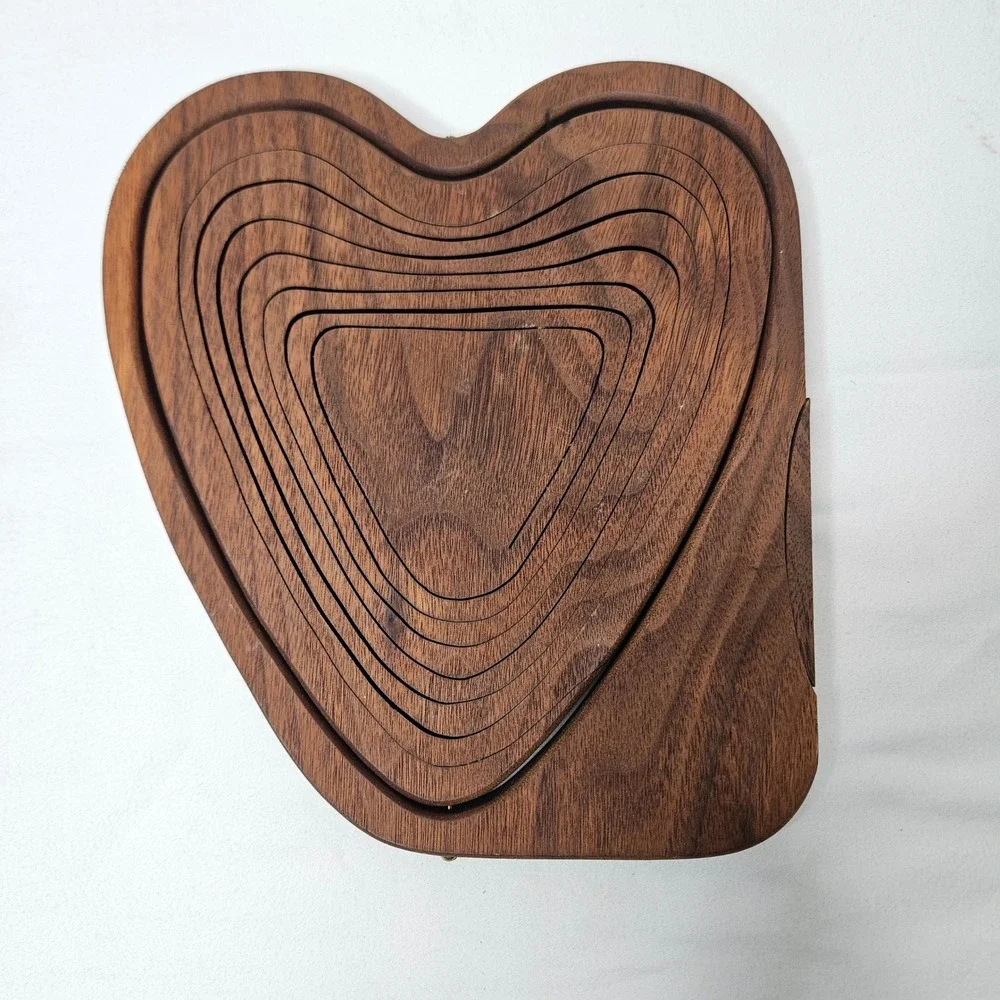 Vintage Heart Shaped Collapsible Wood Fruit Basket Trivet Walnut MCM Decor 10x11